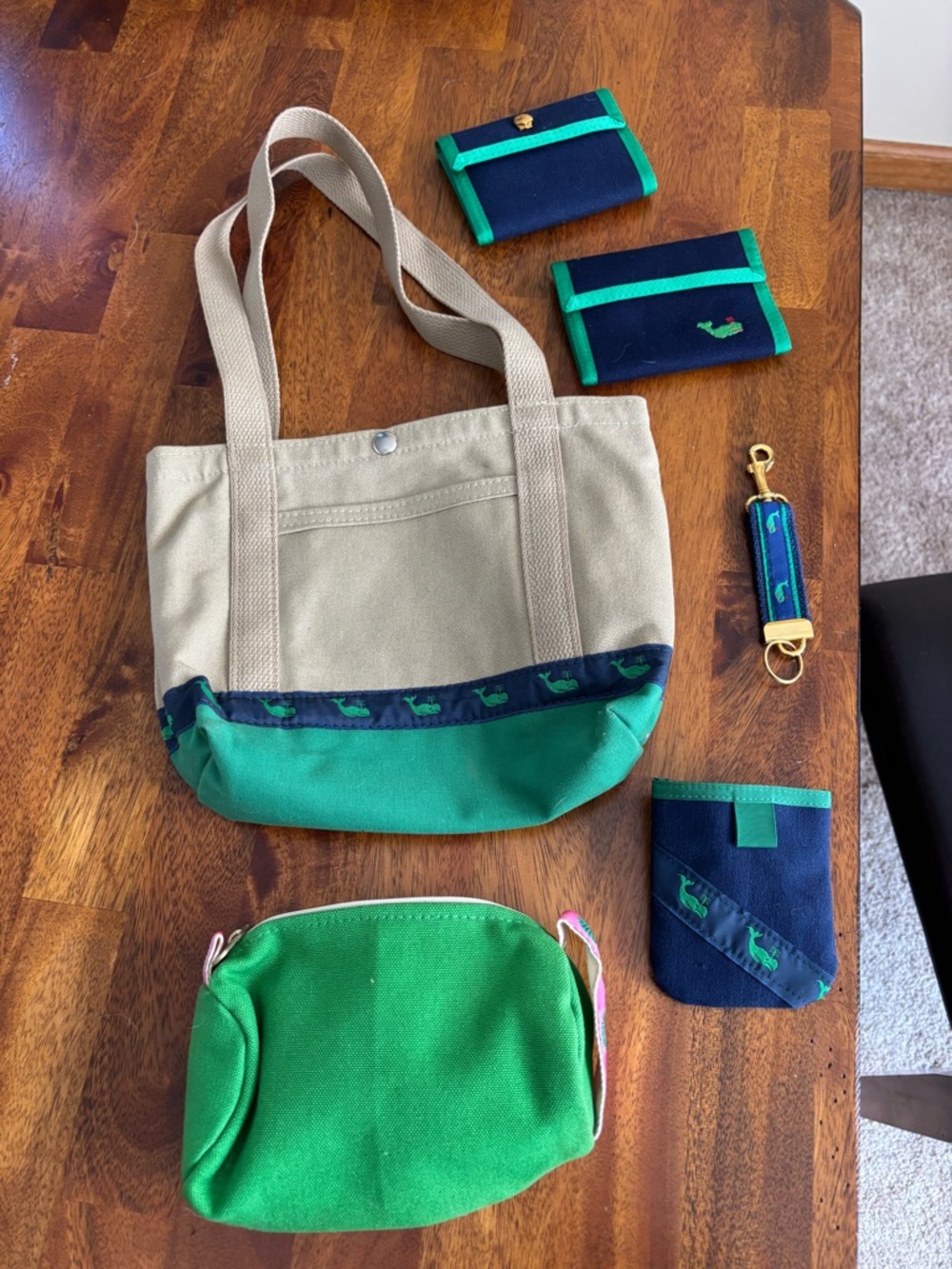 Green Canvas Mini Pouch with Pink Shell-Trim Accent